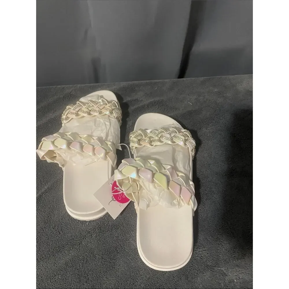 NWT Size 3 Elli by Capelli Iridescent Braided Double-Strap Slide Sandals - White